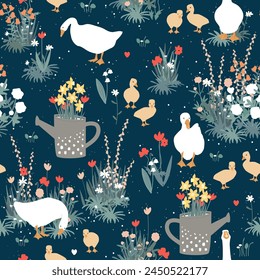 Cute goose and gosling in a Spring garden seamless pattern. Baby and adult geese and first flowers cute background. Vector illustration