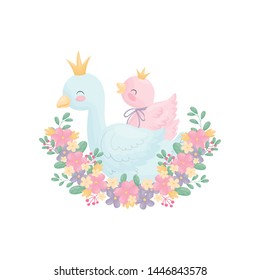 Cute goose and gosling. Vector illustration on white background.