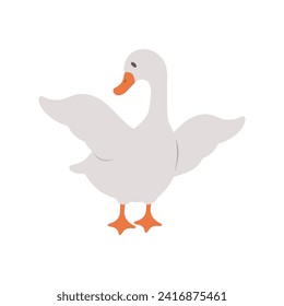 Cute goose. Hand drawn grey duck on farm. Domestic fowl. Vector illustration in flat cartoon style. Agriculture bird. Rural wildlife. Clipart for pattern, greeting card and childish design.