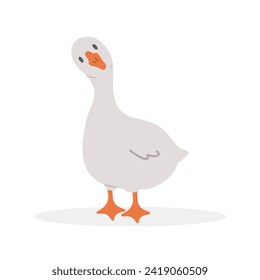 Cute goose. Hand drawn grey duck on farm. Domestic fowl. Vector illustration in flat cartoon style. Agriculture bird. Rural wildlife. Clipart for pattern, greeting card and childish design.