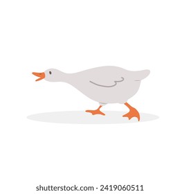 Cute goose. Hand drawn grey duck on farm. Domestic fowl. Vector illustration in flat cartoon style. Agriculture bird. Rural wildlife. Clipart for pattern, greeting card and childish design.