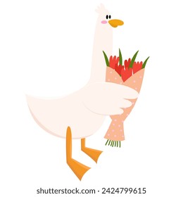 Cute goose holding a bouquet of flowers. Congratulation! Used for greeting card, and poster design.