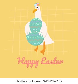 Cute goose holding Easter egg. Happy Easter. Hello spring. Used for greeting card, and poster design.