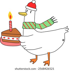 Cute Goose Holding A Slice Of Cake Cartoon Illustration