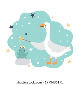 A cute goose with a magic wand is trying to turn a frog into a prince charming. Fun vector illustration. Decor for children's posters, postcards, clothing and interior