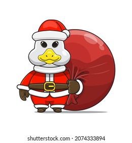 cute goose mascot, carrying red bundle bag and wearing santa claus costume, cute animal character wearing christmas costume, front view. kawaii and shiny style, perfect for christmas content