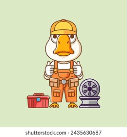 Cute ganso mecánico con herramienta en el taller de dibujos animados personaje animal mascota icono de estilo plano conjunto de conceptos de ilustración