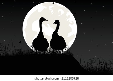 cute goose and moon silhouette