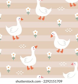 Cute goose on a beige brown background with camomile white flowers, kids fabric and textile vector print design, seamless pattern