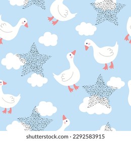 Cute goose on a blue sky background with clouds and stars, kids fabric and textile vector print design, seamless pattern