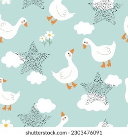 Cute goose on a blue sky background with clouds and stars, kids fabric and textile vector print design, seamless pattern