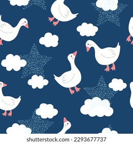 Cute goose on a deep blue sky background with clouds and stars, kids fabric and textile vector print design, seamless pattern