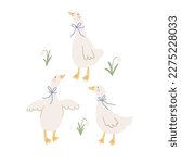 Cute goose on farm - vector print. Vector illustration in flat style