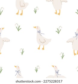 Cute goose on farm - vector seamless pattern. Vector illustration in flat style