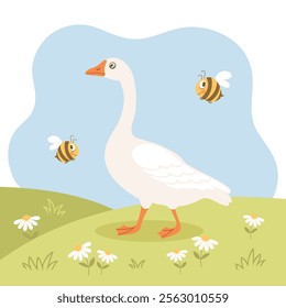 Cute goose on a meadow with bees and flowers. Spring illustration for children, postcard