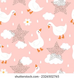 Cute goose on a pink background with camomile white flowers and clouds, kids fabric and textile vector print design, seamless pattern