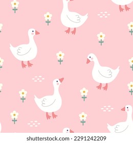 Cute goose on a pink girly background with camomile yellow flowers, kids fabric and textile vector print design, seamless pattern