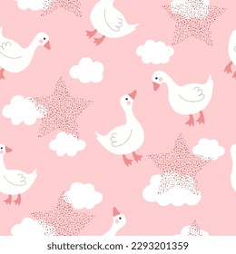 Cute goose on a pink sky background with clouds and stars, kids fabric and textile vector print design, seamless pattern