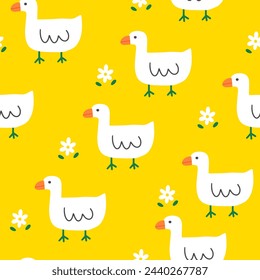 Lindo ganso en un fondo amarillo con flores blancas de manzanilla, tela infantil y diseño de impresión vectorial textil, patrón sin fisuras