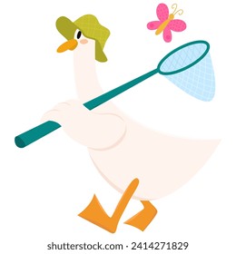 Cute goose in a panama hat with a butterfly net. Goose catching butterflies. Go outside.