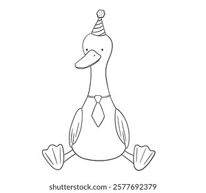 Cute goose with party cap, sitting animal, line art, hand drawn illustration for coloring book or page