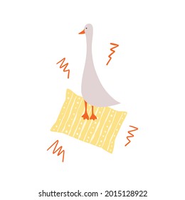 Cute goose with pillow vector illustration. Fairy drawing on the theme of sleep. Drawn by hand. Isolated on white background, use for children's books, textiles, poster. 
