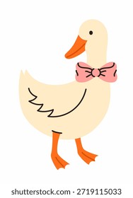 Cute goose with a pink bow. Flat vector illustration.