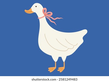 Cute goose with pink bow. Vector flat illustration. Cartoon cute illustrations.