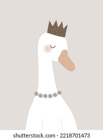 Cute goose princess. Childish fantasy poster or card. Vector hand drawn illustration.