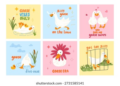 Cute goose quote cards set with funny phrases and playful characters. Flat vector illustrations with farm silly geese, flowers, humor. Meme quote sticker. Print for cards, social media, T-shirt