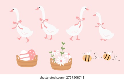 Cute goose with ribbon easter basket bee floral pastel pink spring illustration design.