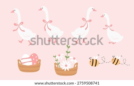 Cute goose with ribbon easter basket bee floral pastel pink spring illustration design.
