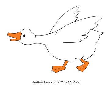 Niedliche Gänseblümchen strecken Hals und Flügel ausbreiten. Lustige weiße Ente oder Gänsehals vorwärts Flügel flattern. Cartoon Bauernhof Vogel Charakter mollig Haustier isoliert doodle.