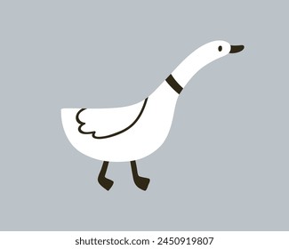 Cute goose in Scandinavian doodle style. Funny baby bird with long neck walking. Black and white drawing, feathered fowl, farm poultry, animal. Kids childish Scandi flat vector illustration