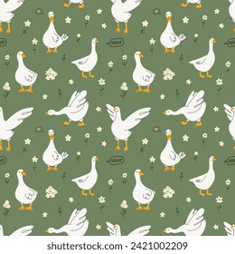 Cute goose seamless pattern. Adorable farm birds. Decor baby textile, wrapping paper, wallpaper design. Childish print for fabric vector cartoon flat isolated illustration