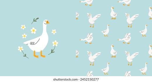 Cute goose seamless pattern. Adorable farm birds. Decor baby textile, wrapping paper, wallpaper design. Childish print for fabric. Vector cartoon flat isolated illustration