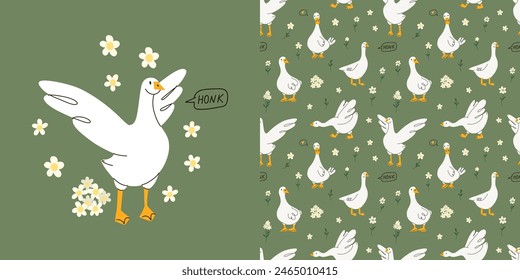 Cute goose seamless pattern. Adorable farm birds. Decor baby textile, wrapping paper, wallpaper design. Childish print for fabric. Vector cartoon flat isolated illustration
