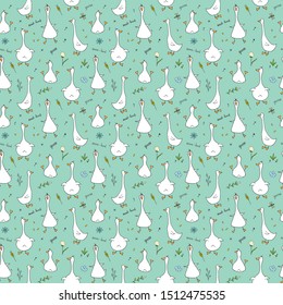 Cute Goose Seamless Pattern, Cartoon Hand Drawn Goose Doodles Vector Background Illustration .