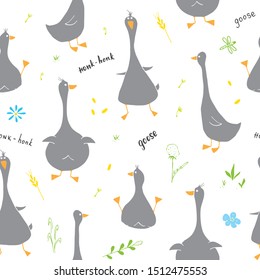 Cute Goose Seamless Pattern, Cartoon Hand Drawn Goose Doodles Vector Background Illustration .