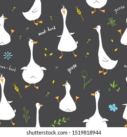 Cute Goose Seamless Pattern, Cartoon Hand Drawn Goose Doodles Vector Background Illustration .