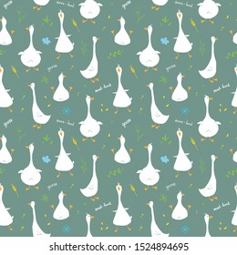 Cute Goose Seamless Pattern, Cartoon Hand Drawn Goose Doodles Vector Background Illustration .