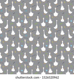 Cute Goose Seamless Pattern, Cartoon Hand Drawn Goose Doodles Vector Background Illustration .