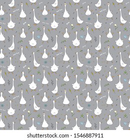 Cute Goose Seamless Pattern, Cartoon Hand Drawn Goose Doodles Vector Background Illustration .