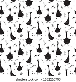 Cute Goose Seamless Pattern, Cartoon Hand Drawn Goose Doodles Vector Background Illustration .
