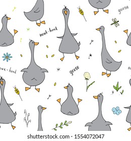 Cute Goose Seamless Pattern, Cartoon Hand Drawn Goose Doodles Vector Background Illustration .