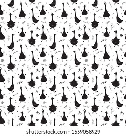 Cute Goose Seamless Pattern, Cartoon Hand Drawn Goose Doodles Vector Background Illustration .