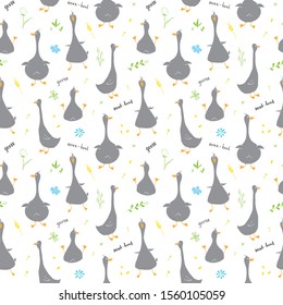 Cute Goose Seamless Pattern, Cartoon Hand Drawn Goose Doodles Vector Background Illustration .