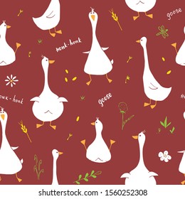 Cute Goose Seamless Pattern, Cartoon Hand Drawn Goose Doodles Vector Background Illustration .