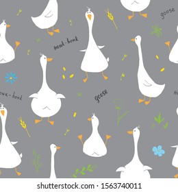 Cute Goose Seamless Pattern, Cartoon Hand Drawn Goose Doodles Vector Background Illustration .