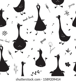 Cute Goose Seamless Pattern, Cartoon Hand Drawn Goose Doodles Vector Background Illustration .